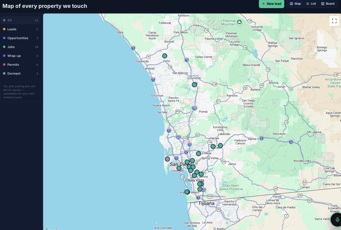 BuildCore Ai Map CRM — every property in your service area pinned on a real map